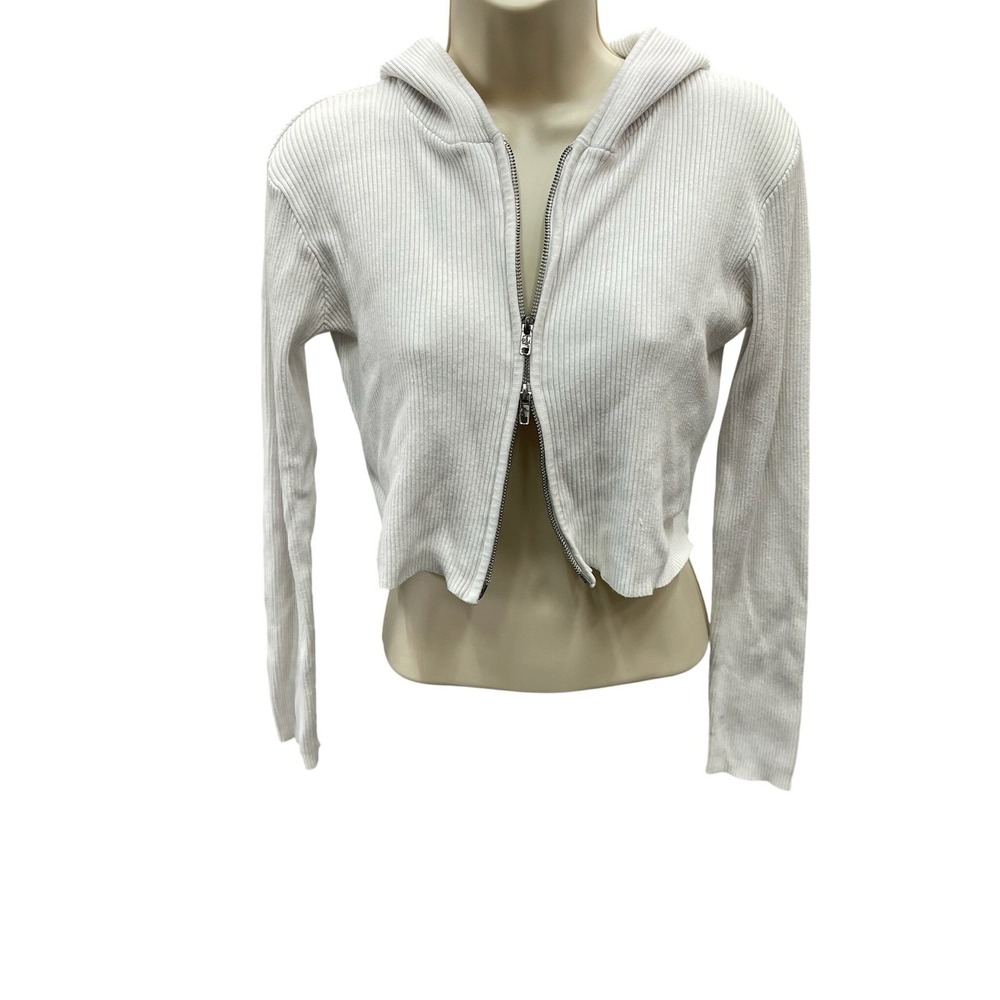 Brandy‎ Melville White Ribbed Cropped Double Zip Hoodie Long Sleeve Hooded Top